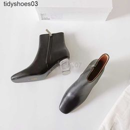 Sapatos de vestido único a linha cheia de couro cristal salto quadrado botas de moda outono sólido lado zíper botas curtas de salto alto para