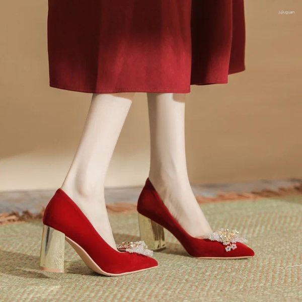 Zapatos de vestir Tamaño 30-44 Tacón grueso Flor de cristal Tacones altos rojos Mujer Novia Dama de honor Mujeres grandes Boda