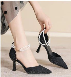 Geklede schoenen maat 30-44 puntteen holle hoge hak effen kleur abrikoos parels enkelbandje zwart voor dames