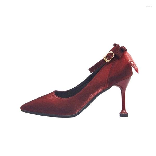 Zapatos de vestir Tamaño 31-43 8 cm Tacones altos Mujer Stiletto Lazo puntiagudo 2023 Hebilla Vino Rojo Negro Boda