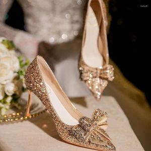 Robe chaussures taille 32-43 pointu stiletto talons hauts peu profonds femmes paillettes d'or mariage mariée strass arc pompes