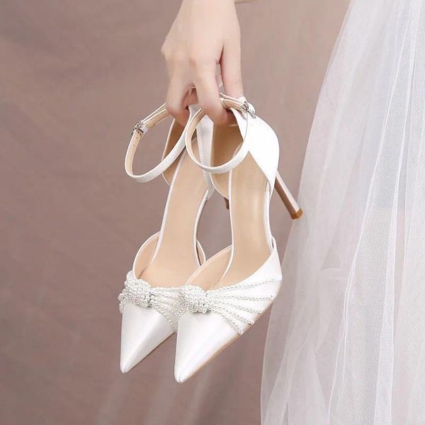 Robe chaussures taille 33-40 multi-perles bout pointu talon aiguille talons hauts sexy satin femmes blanc mariage noir