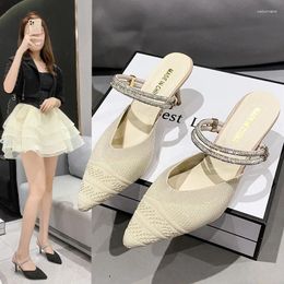 Dress Shoes Size 35-40 Women Kitten Heels Mules Golden Rivet Pointed Toe Summer Sandals Fashion Beige Ladies Casual Med