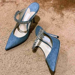 Chaussures habillées Slippers Stiletto Talons à talons Crystal Talons de cheville ornée Mules Sandales perlées de sandales de chaussures H240312