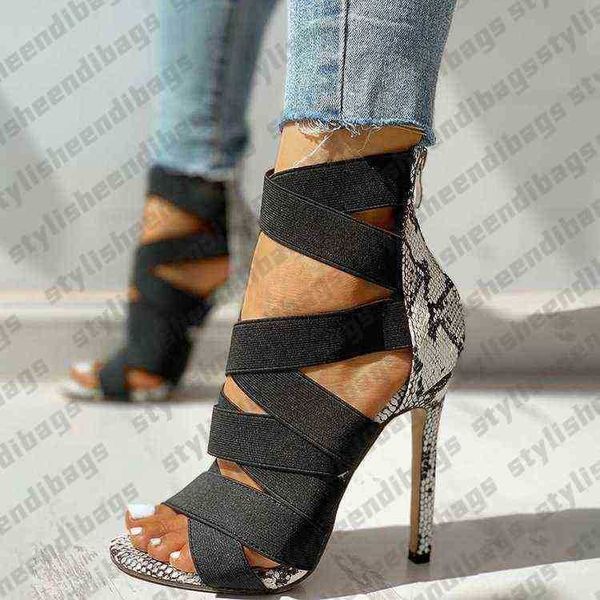 Zapatos de vestir, zapatos de verano de serpiente, zapatos de tacón alto y fino para mujer, zapatos de gladiador con punta estrecha y diamantes de imitación, zapatos sexis para fiesta, zapatos de graduación 0122/23