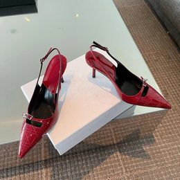 Geklede schoenen Effen Puntschoen Slingbacks Lakleer Hoge hakken Gesp Stiletto Pumps Metaal Decor Damesschoenen Sexy Ondiepe Zapatos 231208