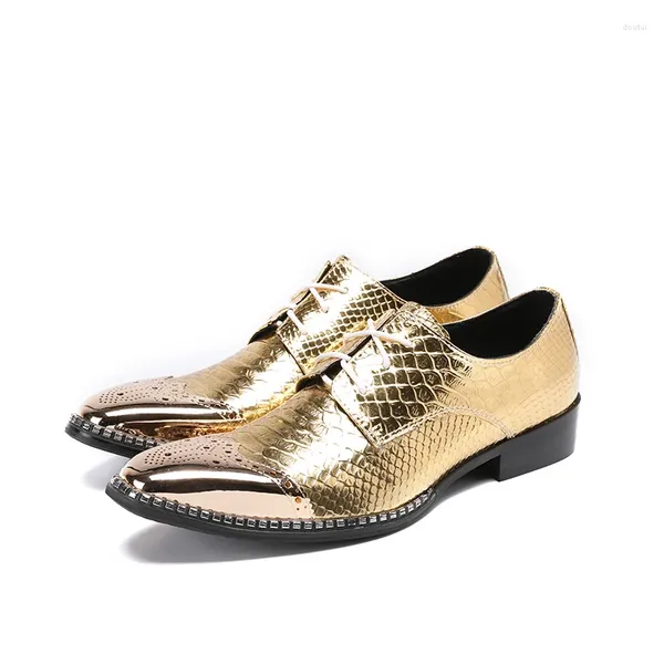 Zapatos de vestir Soulier Homme Gold Wedding Party Hombres Patrón de peces Cuero genuino Punta puntiaguda Lace Up Estilo italiano Formal