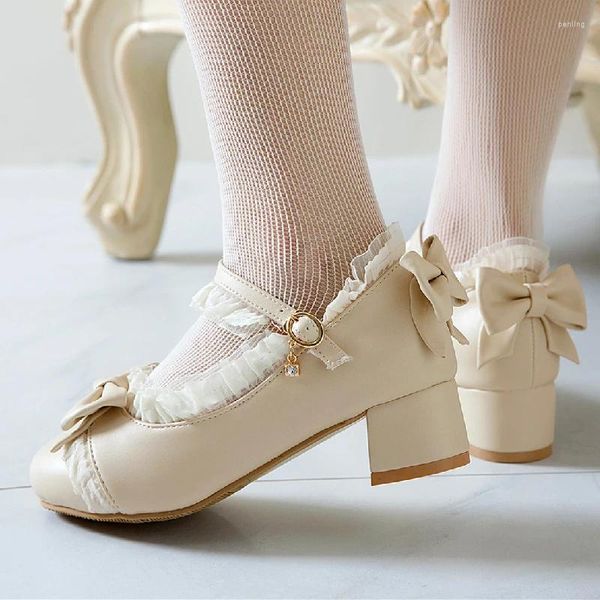 Zapatos de vestir Primavera 2024 Tacones bajos Lolita Mujer Dulce Arco-atado Blanco Rosa Desnudo OL Oficina Boda Niñas Tamaño grande