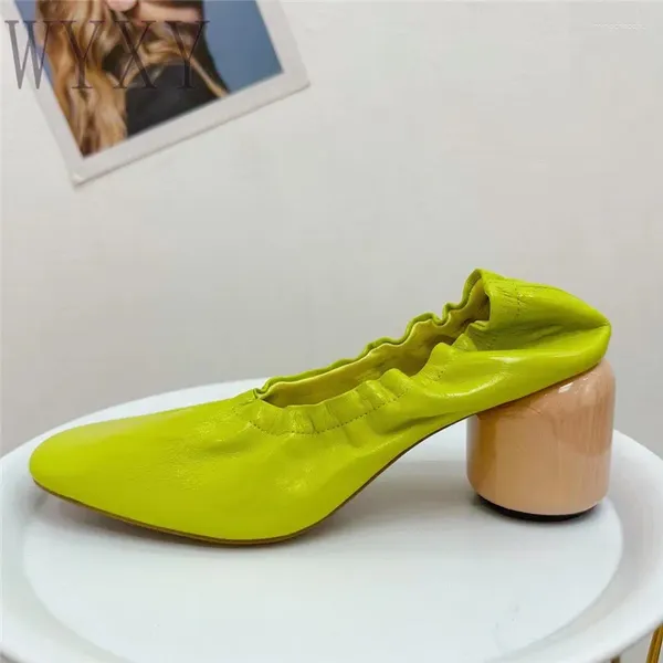 Robe chaussures printemps 2024 talon rond en bois femmes haut bout pointu fête mode loisirs en cuir véritable femme unique