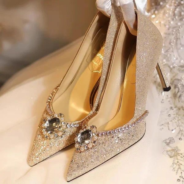 Robe chaussures printemps et été pointu bouche peu profonde eau diamant paillettes mariage mince talon haut banquet peluche femme