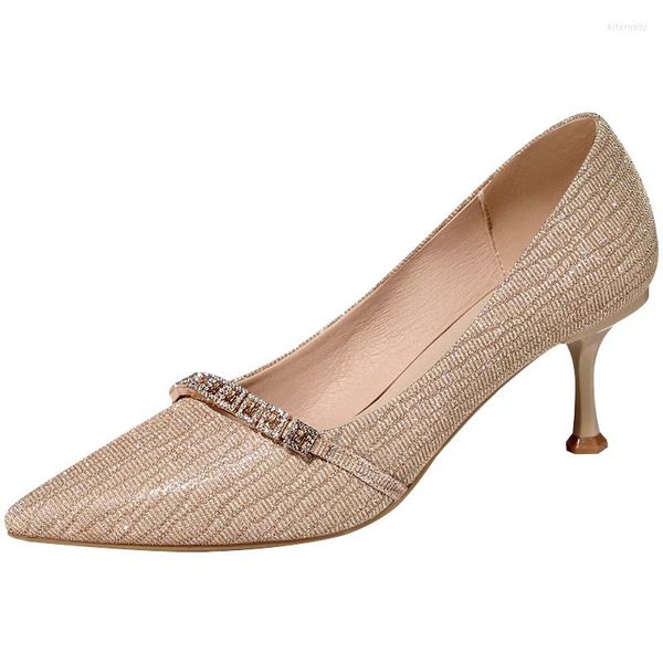 Zapatos de vestir Primavera OL Office Lady Womens Thin High Heels Gold Sequined Cloth Pumps Mujer Boda Elegante Dama de honor M0053