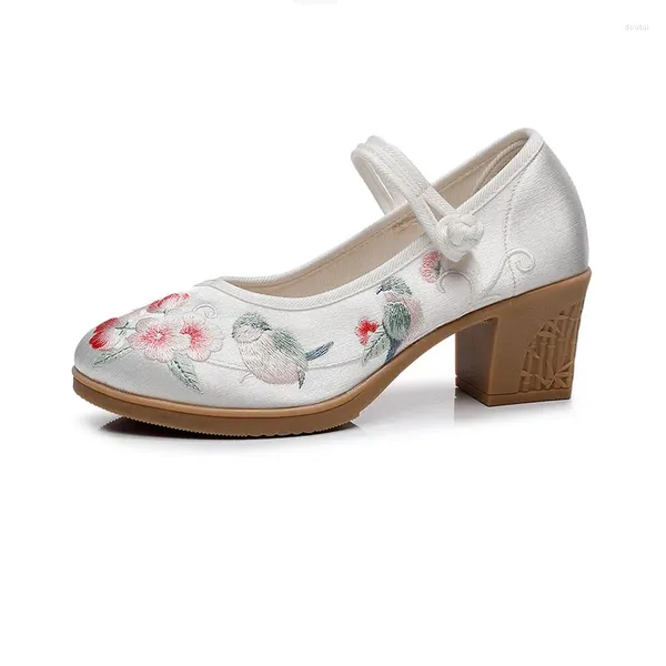 Zapatos de vestir Primavera/Verano Estilo Retro Cuadrado Tacón Alto Hebilla Correa Vaca Músculo Suela Cabeza Redonda Tela Bordada Mujeres