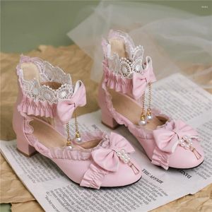 Chaussures habillées printemps été femmes hautes talons mary jane pompes de fête de mariage blanc rose rose noir corde perle arc princesse cosplay lolita