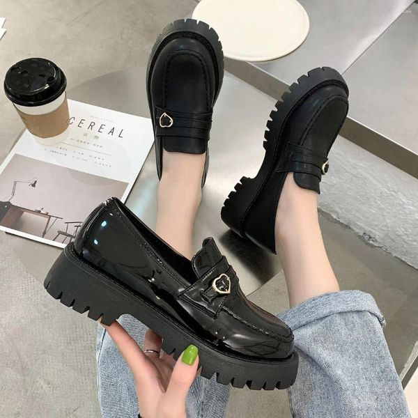 Zapatos de vestir Primavera Mujer Estilo británico Cuero PU Fondo grueso Negro Mujer soltera Chica Dulce Japonés JK Uniforme Lolita