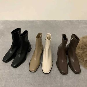 Geklede Schoenen Dames Enkellaarsjes Met Vierkante Neus Flock Stretch Schoenen Dunne Halfhoge Hakken Zwart/Bruin/Beige Rits Aan De Rug Jurk Sok Laarzen Dames Maat 35-39L231228