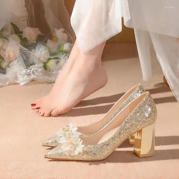 Zapatos de vestir estilo cristal novia champán boda romántica punta punta suela gruesa tacones altos moda coreana