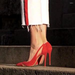 Chaussures habillées élégant en maille en maille rouge Voir à travers un orteil pointu talons talons pompes peu profondes fête
