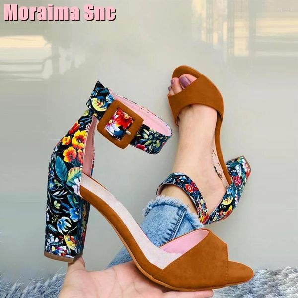 Zapatos de vestir Gamuza Estampado vintage Peep Toe Sandalias Cinturón Hebilla Tobillo Correa Bloque Tacón grueso Mujer Verano Moda Colores mezclados Casual