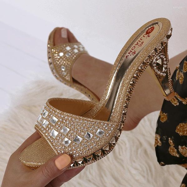 Chaussures habillées été grosse plate-forme pantoufles pour femmes strass bout ouvert mariage Banquet sandales talons hauts glisser