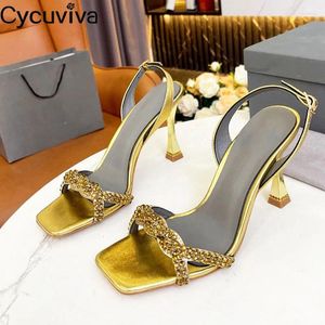 Chaussures habillées Crystal High Heel Gladiator Sandales Femmes Rhingestone Slingback Braid Wedding for Brand Sandalias Mujer