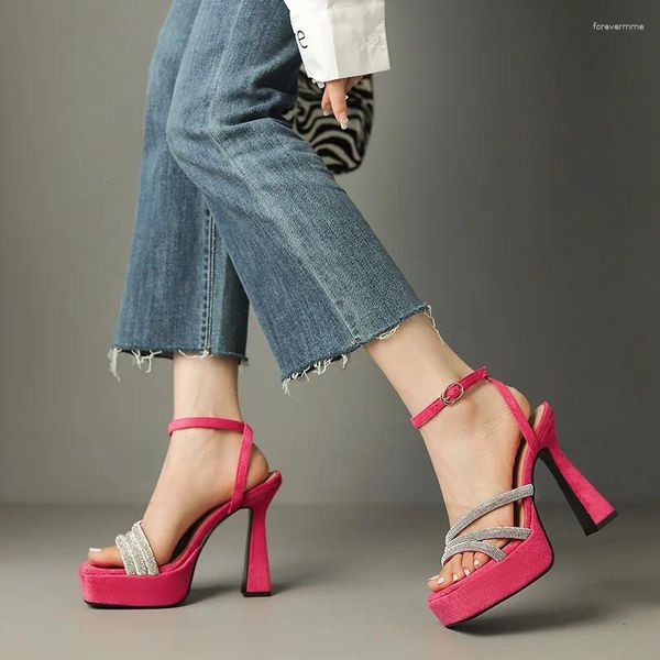 Zapatos de vestir Moda de verano Cinturones de cristal Correa trasera Sandalias para mujer Bloque Tacones altos Plataforma Naranja Rosa Rojo Fiesta Banquete para mujeres