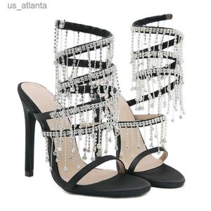 Dress Shoes Summer Fashion Rhinestone Golden Crystal Sandals Dames String Bead High Heel Gladiator Wrap Strap Night Club H240403XQ56