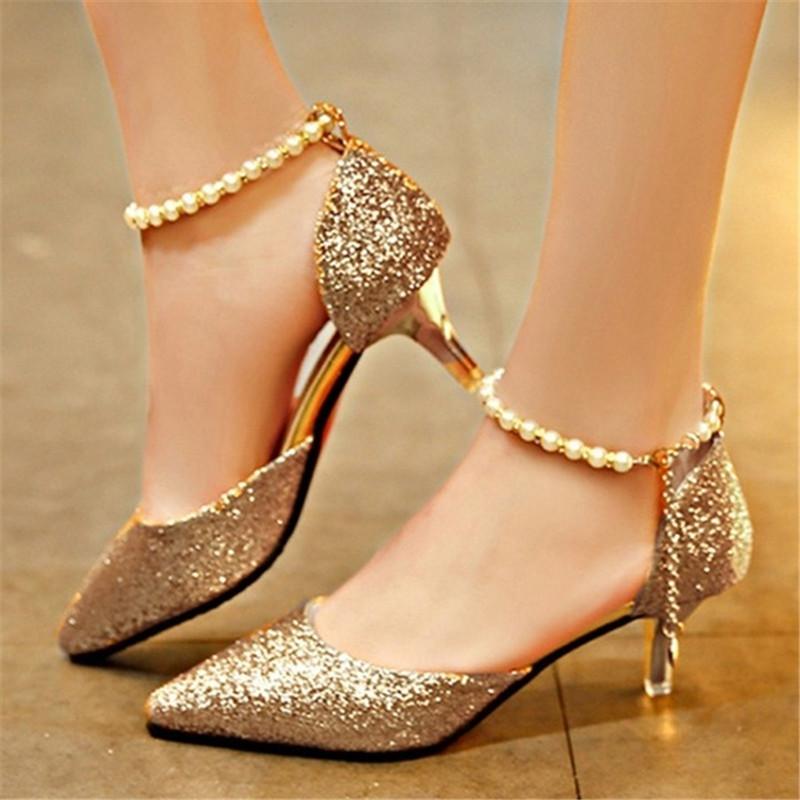 Dress Shoes Summer Glitter Women Ankle Pearl Chain Strap High Heel Pointed Toe Sandals 6cm