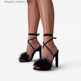 Chaussures habillées Été vert chaussures sandales mode fourrure croisée femmes pompes 2022 sexy à lacets robe de soirée dames 11 cm étranges talons hauts Q240314