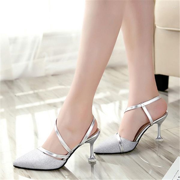 Zapatos de vestir Verano Tacón Tacones altos Sandalias Dama Bombas Clásicos Resbalón en Mujeres sexy Fiesta Gd Plata Boda Slingbacks Hjm