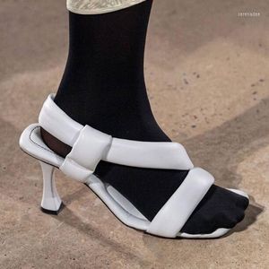 Chaussures habillées été dame luxe fait à la main tissé éponge en cuir souple sandales femme bande élastique carré bout ouvert talon haut