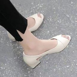 Dress Shoes Summer Leather Comfortable Ladies Mid Heel Sandalen vrouwen holle piepje teen vierkante vrouw zwarte escarpins femme