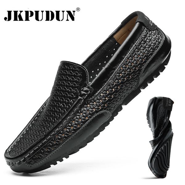 Chaussures habillées été hommes chaussures décontracté marque de luxe en cuir véritable hommes mocassins mocassins italien respirant sans lacet bateau chaussures noir JKPUDUN 230403