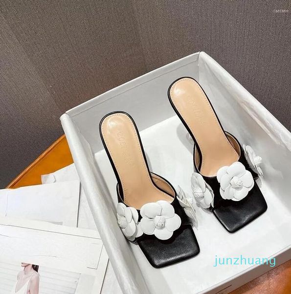 Robe chaussures été fête 11 cm pantoufles femmes Muller mode fleurs bout ouvert transparent exotique talons hauts sandales 2