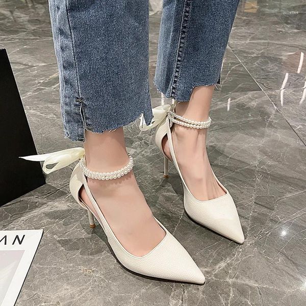 Zapatos de vestir Verano Puntiagudo Boca poco profunda Cadena de perlas Cordón trasero Color sólido Malla sexy Infrarrojos usando sandalias cómodas para mujeres