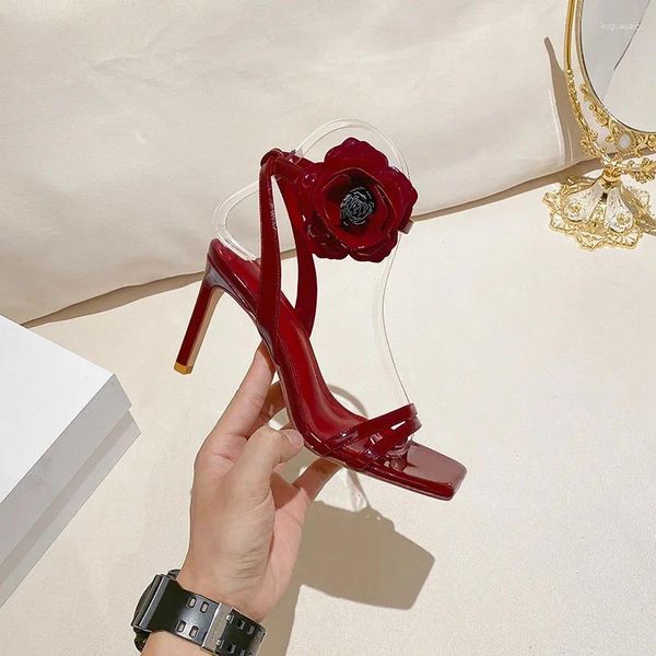 Zapatos de vestir de verano flor roja Mujer bombas negro Slingback Zapatos Mujer punta cuadrada hebilla Correa sandalias tacones finos para Mujer