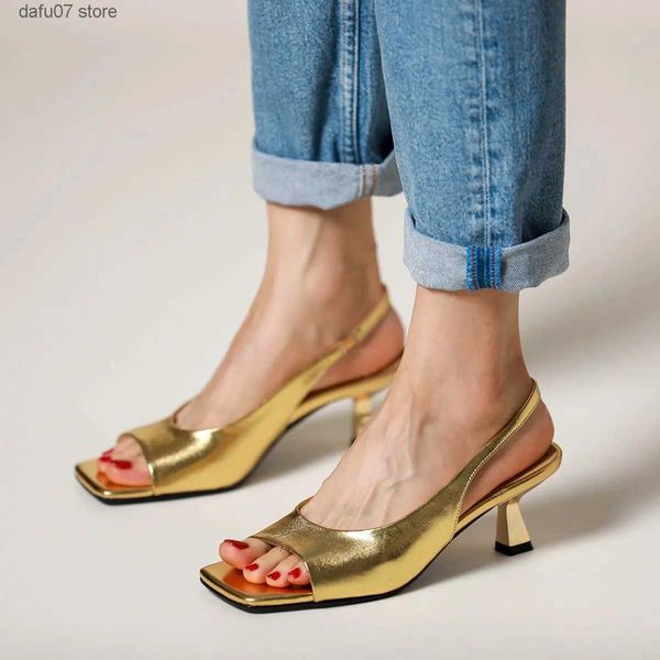 Zapatos de vestir Sandalias de verano Gatito Tacón para mujer Resbalón en bombas de oro plateado Primavera Otoño Elegante Slingback SexyH24229