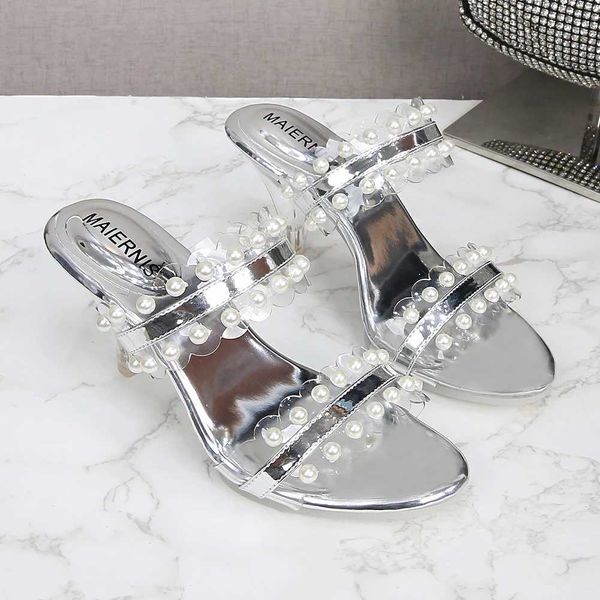 Zapatos de vestir Sliper de verano Cómodas Mujeres Transparente Cristal Sexy Tacones altos Tacones de cadena Sandalias de fiesta para damas Una palabra con27MD H240321