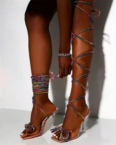 Chaussures habillées été cuisse gladiateur femmes sandales Chic strass nœud à lacets talons hauts sur le genou Sandalias FemininaDress