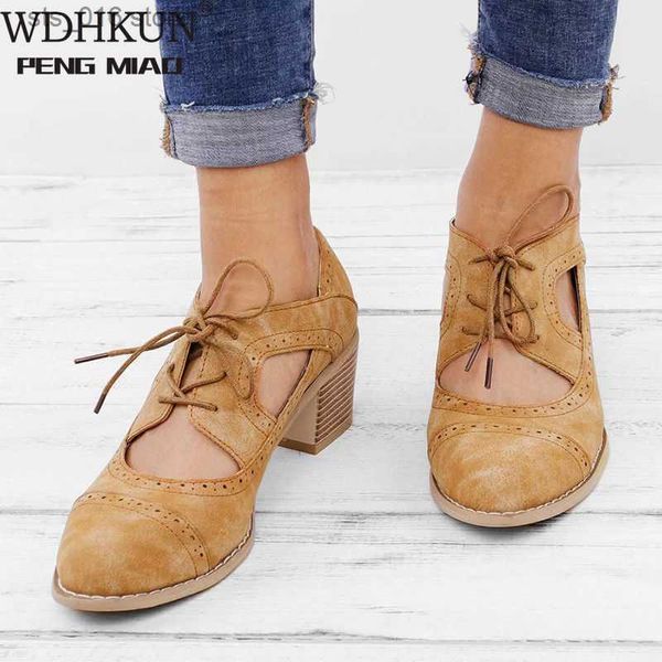 Chaussures habillées Été Vintage Londres Brogue Chaussures Femmes À Lacets Sandale Chunky Talons Hauts Découpes Femme Casual Plus Taille 35-43 Femme Chaussure T230826