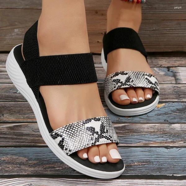 Zapatos de vestir verano mujeres 2024 moda serpiente patrón sandalias casual banda elástica plana playa damas cuñas plataforma calzado