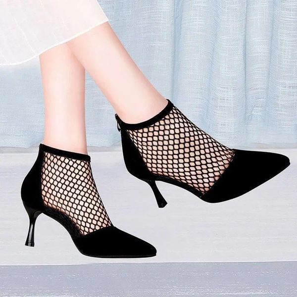 Zapatos de vestir Verano Mujeres Tacones altos Sexy Fishnet Tobillo Botas Gamuza Punta puntiaguda Sandalias Frescas Señoras delgadas Casual