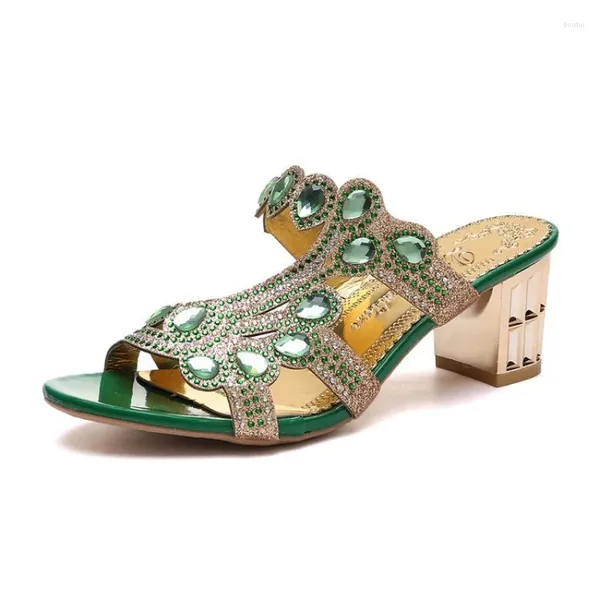 Zapatos de vestir Verano Mujer Lujo Transparente Zapatillas de tacón alto Gema Rhinestone Sandalias Tacón grueso Al aire libre Talla grande 41 Tacones altos