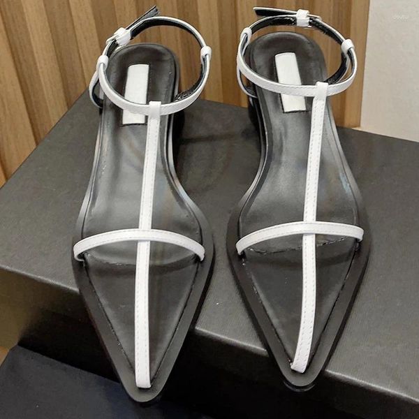 Zapatos de vestir Sandalias de mujer de verano en forma de tacón de cuña con pequeño lazo de cuero genuino Diseño puntiagudo Moda Casual Shones