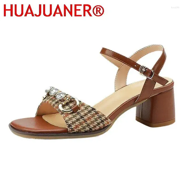 Chaussures habillées Femmes d'été Sandales Crystal Plaid Mid Mid Chunky Talon Open Toe Dames Pumps Mature Elegant Retro Slingback Femme Femme Mujer