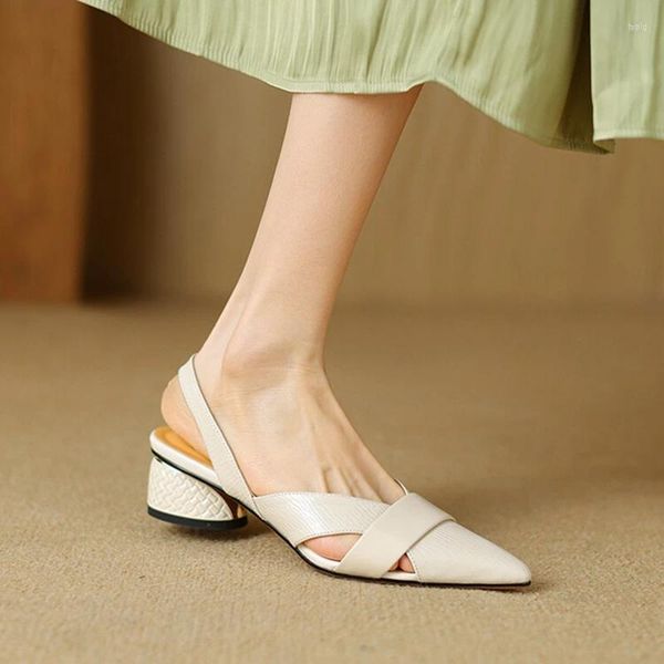 Robe chaussures été femmes sandales en cuir véritable pour couverture orteil slingback bande étroite pointu talon bas