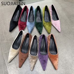 Dress Shoes Suojialun 2023 Sprong kudde vrouwen puntige teen ondiepe pompen op pompen dunne lage hiel dames elegant kantoor vrouwelijk m 230224