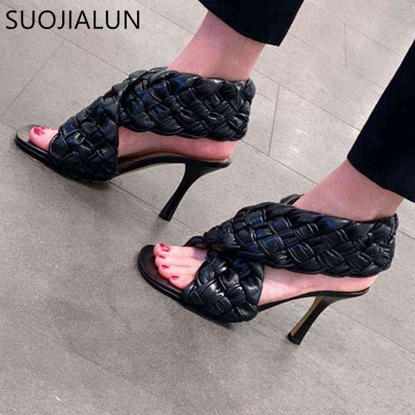 Zapatos de vestir SUOJIALUN, diseño de marca de verano, sandalia tejida, Sexy, fina, de tacón alto, sin cordones, con punta abierta, para exteriores, 220303