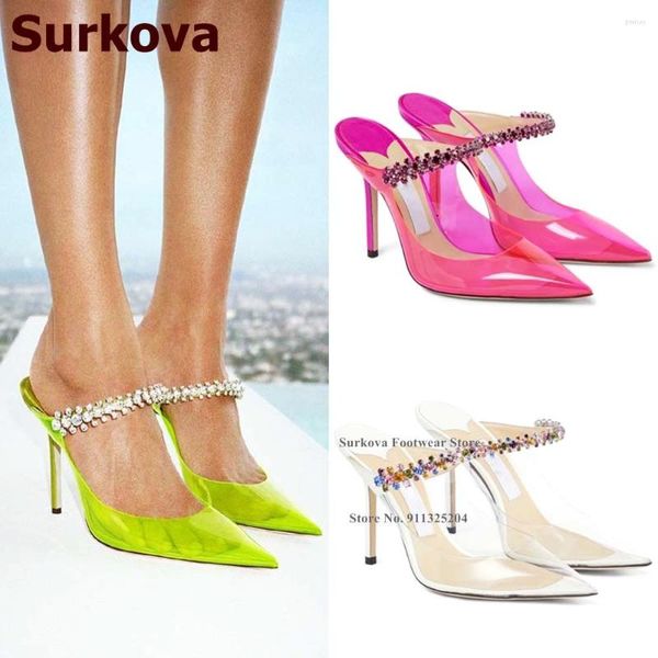 Chaussures habillées Surkova Lime Vert Rose PVC Cristal Pantoufles Bling Strass Sangle Transparent Mariage Pointu Toe Stilettos Pompes