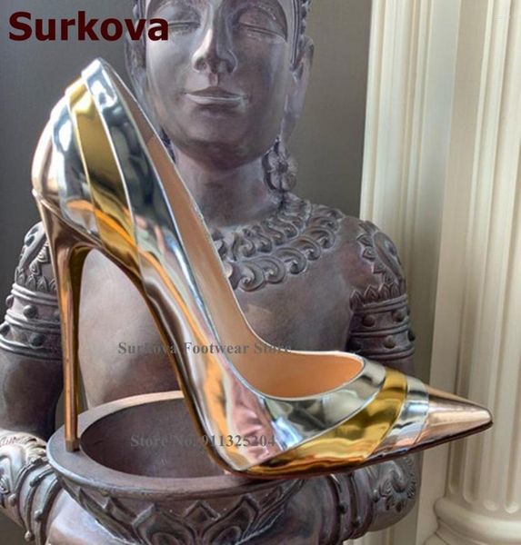 Zapatos de vestir Surkova Plata Bronce Oro Patchwork Tacón alto Charol Bombas de rayas coloreadas Corte poco profundo Tacones con punta puntiaguda