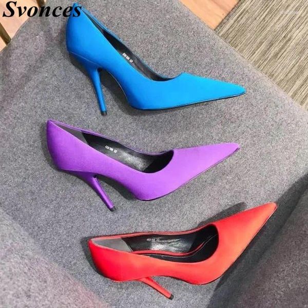 Zapatos de vestir Svonces Color brillante Seda Diseño de moda Bombas de tacón alto para mujer Fiesta Boda Stiletto Punta puntiaguda Tacones finos Pista